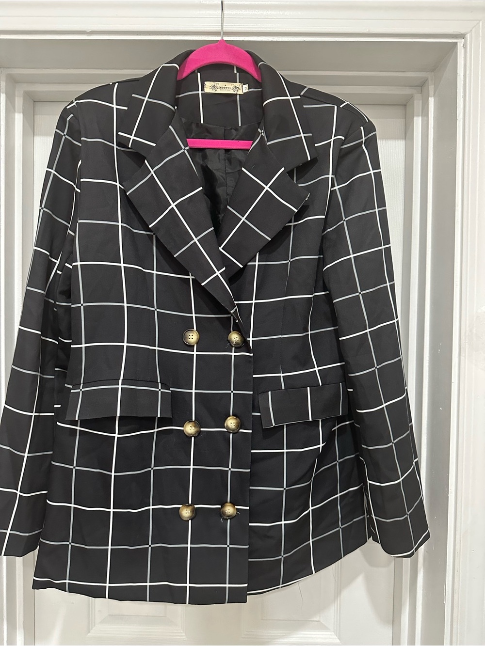Windowpane Double-Breasted Blazer Jacket - Black by